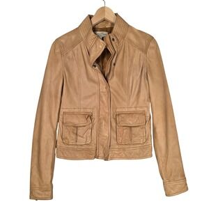 Lucky Brand Live In Love Lamb Leather Moto Jacket Womens Small Tan Excellent